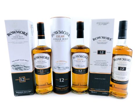 Three bottles of Bowmore single malt scotch whisky, comprising the original twelve year distilled, in cardboard tube, the fir