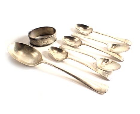 A collection of small silver spoons and a napkin ring, 4.21oz. 