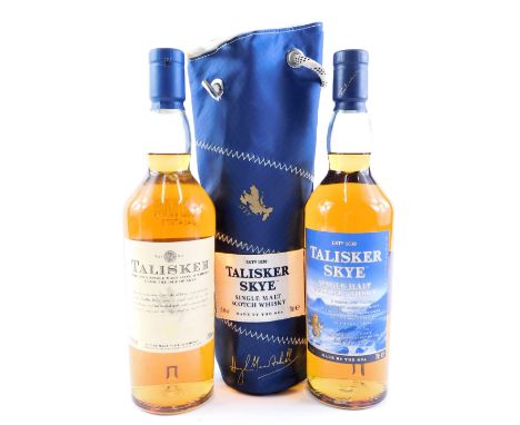 Two bottles of Talisker whisky, comprising a ten year aged malt, 70cl bottle, and a Talisker Skye single malt scotch whisky, 