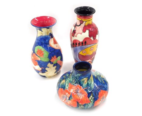 Three Old Tupton ware vases, comprising a squat vase with orange flower decoration, 10cm high, Clarice Cliff style red vase, 