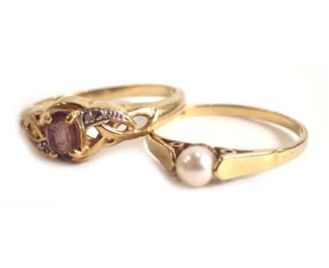 Two dress rings, comprising a 9ct gold pink topaz and CZ set dress ring, ring size P½, and a 9ct gold cultured pearl dress ri