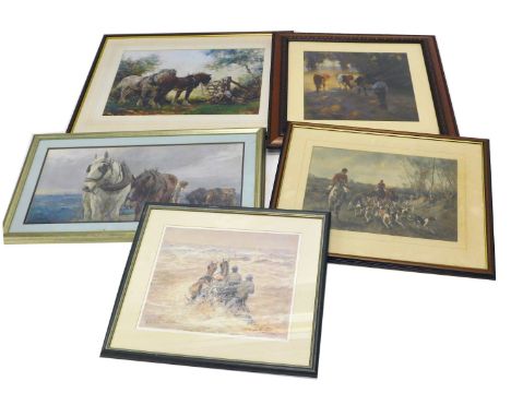 Manner of Munnings. Rural scene with shire horses, coloured print, 29cm x 35cm, other rural prints including hunting. (5) 