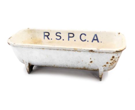 A late 19th/early 20thC enamelled water trough, stamped RSPCA, used for outside shops, etc., for dogs and other animals, 32cm