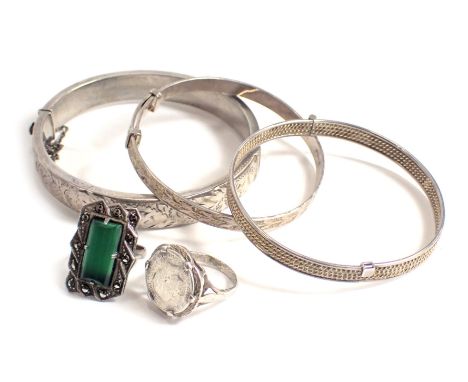 Assorted silver and white metal jewellery, comprising three bangles, two stamped 925 and another hallmarked for silver, a sil