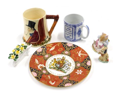 A collection of items, to include a John Peel musical mug, Royal Doulton Mr Toadflax figure, Wade style figure of a cat, Spod