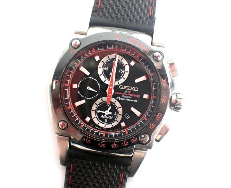 A Seiko F1 Honda Racing Team Sportura chronograph wristwatch, in a stainless steel case with blackened face, red outer dial a