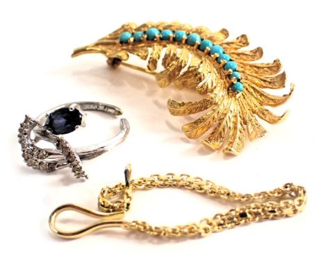 A fern design spray brooch, plated back on single pin back, set with turquoise, 6cm wide, a paste stone set dress ring, and a