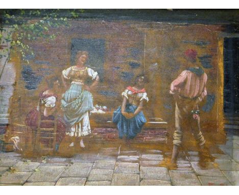 After EN Blaaz. Italian figures before a building, hand coloured print, mounted onto board, 21cm x 28cm. 