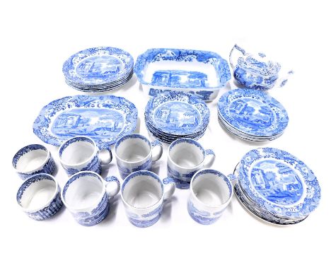 Spode blue and white tea wares, comprising six mugs, rectangular serving tray, teapot, two ramekins, six dinner plates, six m