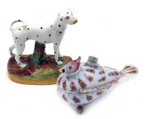 A 19thC Staffordshire flatback Dalmation, 16cm high, and a Continental milk glass flask, modelled in the form of a bird. (AF)