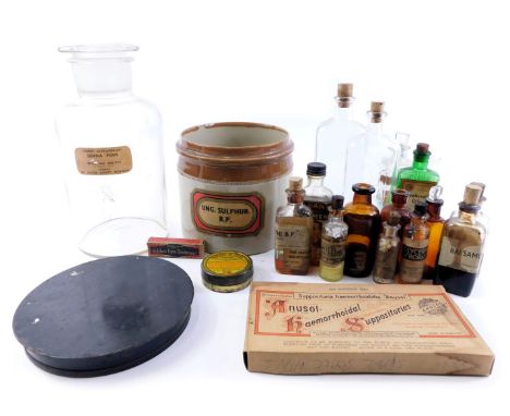 Various glass medicine bottles, decanter, ash tray, etc. 