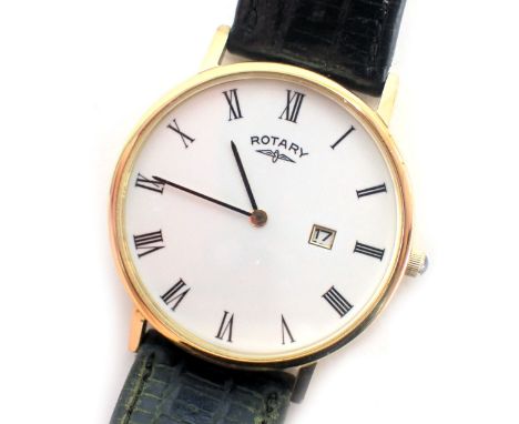 A Rotary gent's wristwatch, in a gold plated case with white enamel Roman numeric dial, and black leather strap, 3cm diameter