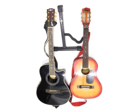 Audition Korean acoustic guitar, and a Gear 4 Music acoustic guitar, and a guitar stand. (3) 