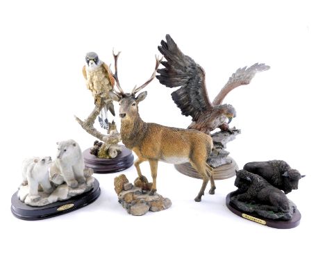 Five various animal figure groups, comprising Country Artists red deer stag Majestic Presence, eagle on perch unmarked, Shera