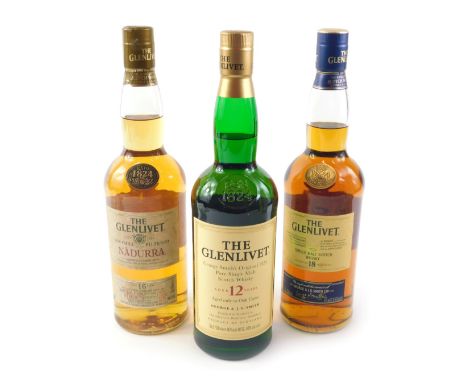 Three bottles of Glenlivet whisky, Nadura bottled 2007, batch number 1007D, Glenlivet 18 years single malt scotch and another