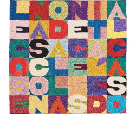 Alighiero Boetti (Turin 1940 – 1994 Rom). Le Cose. 1989Stickerei auf Nessel.  33 × 34&nbsp;cm (13 × 13&nbsp;⅜&nbsp;in.). Auf 