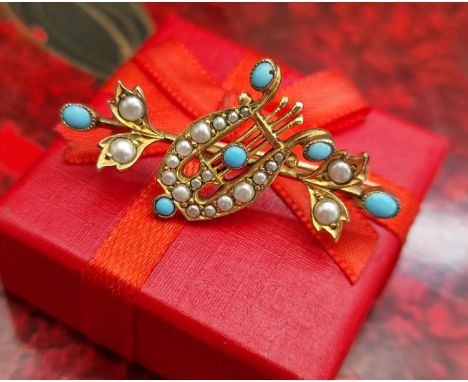 Antique 9ct Gold, Turquoise and Pearl 'Harp' Shaped Brooch