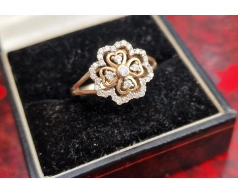 9ct Gold and Diamond Floral Four-Leaf Clover Cluster Ring - size N, 3.2g