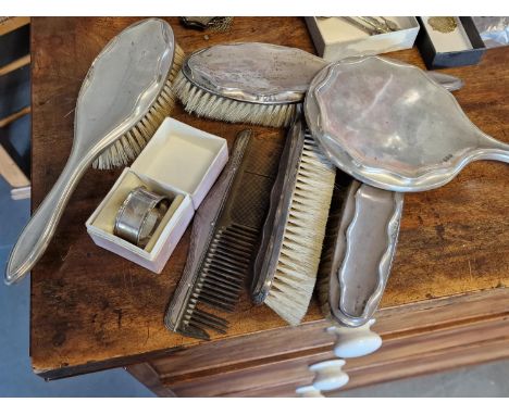 Collection of Hallmarked Silver Dressing Table Set + Napkin Ring - total 720g