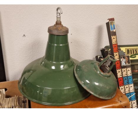 Pair of Industrial Salvage Vintage Green Enamel Pendant Light Lamps
