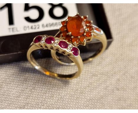 9ct Gold Diamond &amp; Ruby Half Eternity Band, plus an Orange-Stoned Cluster Ring, 5.9g total, size P &amp; Q