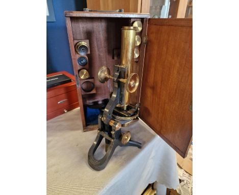 Vintage Cased Swift &amp; Son Brass Microscope with Lenses - case 36.5cm x 21.5cm x 16cm, Laboratory Instrument
