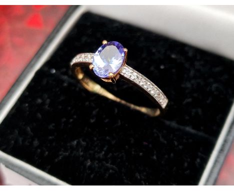 9ct Gold Tanzanite and Diamond Ring - laser-etched hallmarks, size P