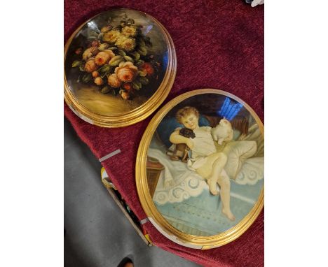 Pair of Oval Convex Vintage Paintings of a Floral Scene and a Young Girl w/dog &amp; cat