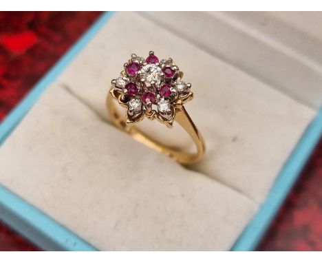 Vintage 14ct Gold, Ruby and Diamond Cluster Ring, size M and 3.34g