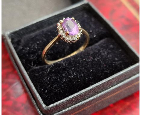 9ct Gold Diamond and Amethyst Dress Ring - size P+0.5