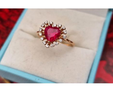 18ct Gold, Ruby and Diamond Love Heart Ring, size M and 2.2g