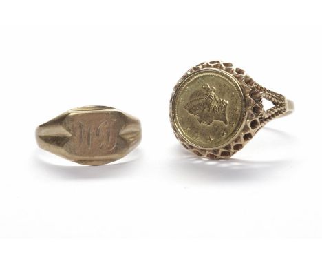 GOLD $1 ONE DOLLAR COIN DATED 1853in a nine carat gold  ring, 4.8g; along with a nine carat gold signet ring, 3g (2)