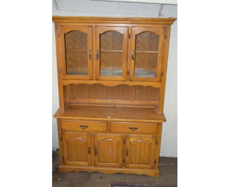 MODERN LIGHT OAK TWO PIECE DRESSER CABINET, 209CM WIDE