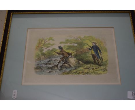 19TH CENTURY COLOURED PRINT OF A FISHING SCENE, FRAMED AND GLAZED