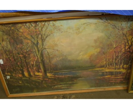 AFTER REG LEWIS COLOURED PRINT, LAKESIDE SCENE, FRAMED AND GLAZED