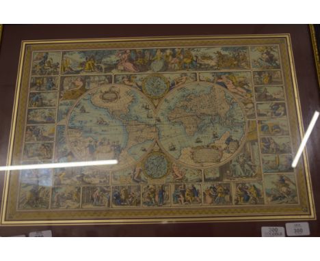 COLOURED PRINT, MAP OF THE WORLD, IN EBONISED FRAME, 68CM WIDE