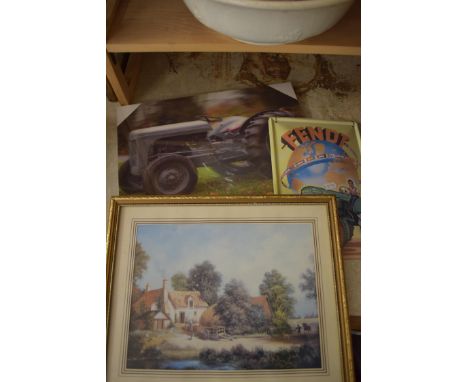 MIXED LOT: REPRODUCTION FENDT METAL ADVERTISING PICTURE, HOLOGRAPHIC PICTURE OF A TRACTOR AND A COLOURED PRINT (3)