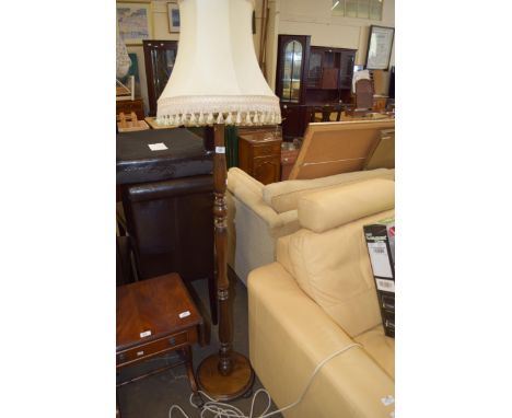 DARK WOOD TURNED STANDARD LAMP WITH CREAM SHADE