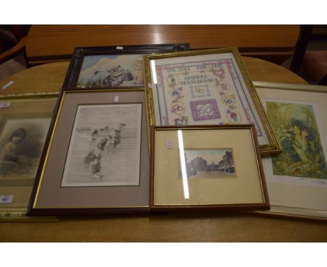 MIXED LOT: PICTURES TO INCLUDE FRAMED PRINT OF KITTENS, PHOTOGRAPH, NEEDLEWORK PICTURE ETC
