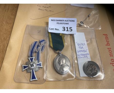 Militaria : German WWII Mothers Cross - silver german stick pin , suffragette penny &amp; GV Territorial Efficiency Medal - n