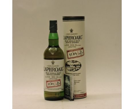 Laphroaig, Islay Single Malt Scotch Whisky, 10 Years Old Cask Strength Batch 001 (2009), one bottle (in tin)