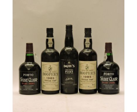 Assorted Port to include: Porto Saint Clair, Ruby Port, two bottles; Dow’s Crusted Port, Bottled 1989, one bottle; Hooper’s V