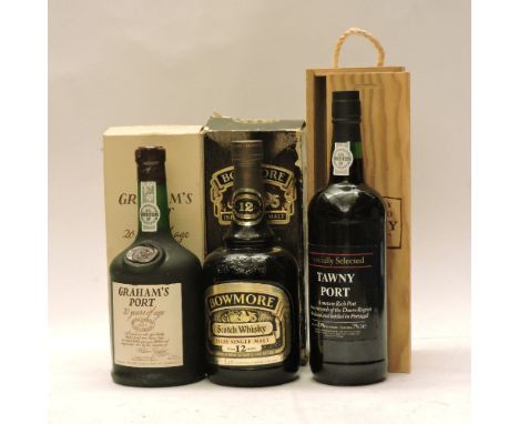 Assorted to include: Bowmore, Islay Single Malt Scotch Whisky, Over 12 Years Old, one bottle (boxed); Graham’s, 20 Years of A