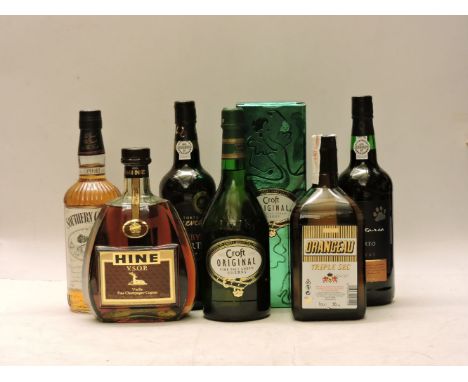Assorted to include: Hine Cognac, VSOP, 40%, one litre bottle; Porto Quevedo Ruby Port, 19.5%, one bottle; Montaria Tawny Por