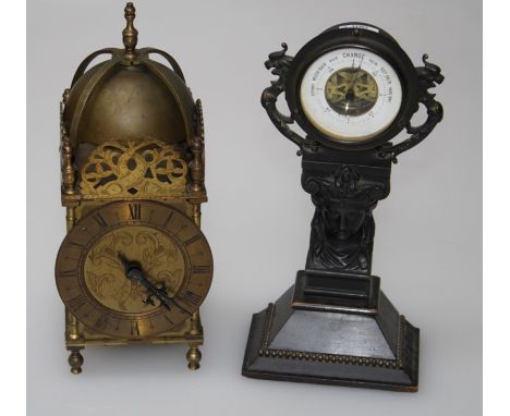 A 17th century style small brass timepiece of lantern type having a lever movement, height 26cm together with a 19th century 