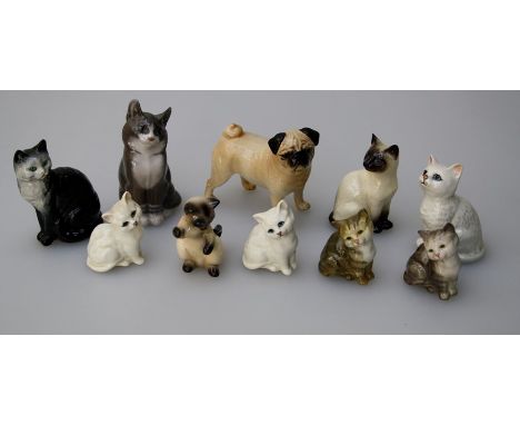 A Beswick Pug, gloss glazed, together with a Goebel Siamese kitten, six Beswick cats/kittens, a Royal Copenhagen cat, model 1