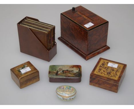 An Amboyna ticket box with ebony and box line inlay, width 15cm, a miniature faux boole box,11cm, an early 19th century papie