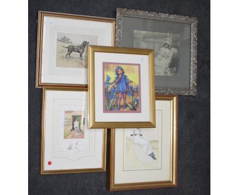 A pencil signed limited edition print of a black Labrador in a landscape, together with various nursery and other prints, col