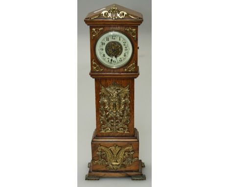 An early 20th century miniature oak longcase clock, with applied gilt metal mounts and thirty hour movement faced by ivorine 