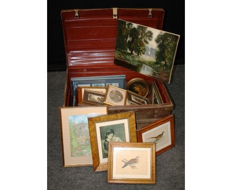 An Edwardian tin trunk containing several dozen framed pictures and prints including amateur botanical studies, Pears-type pr